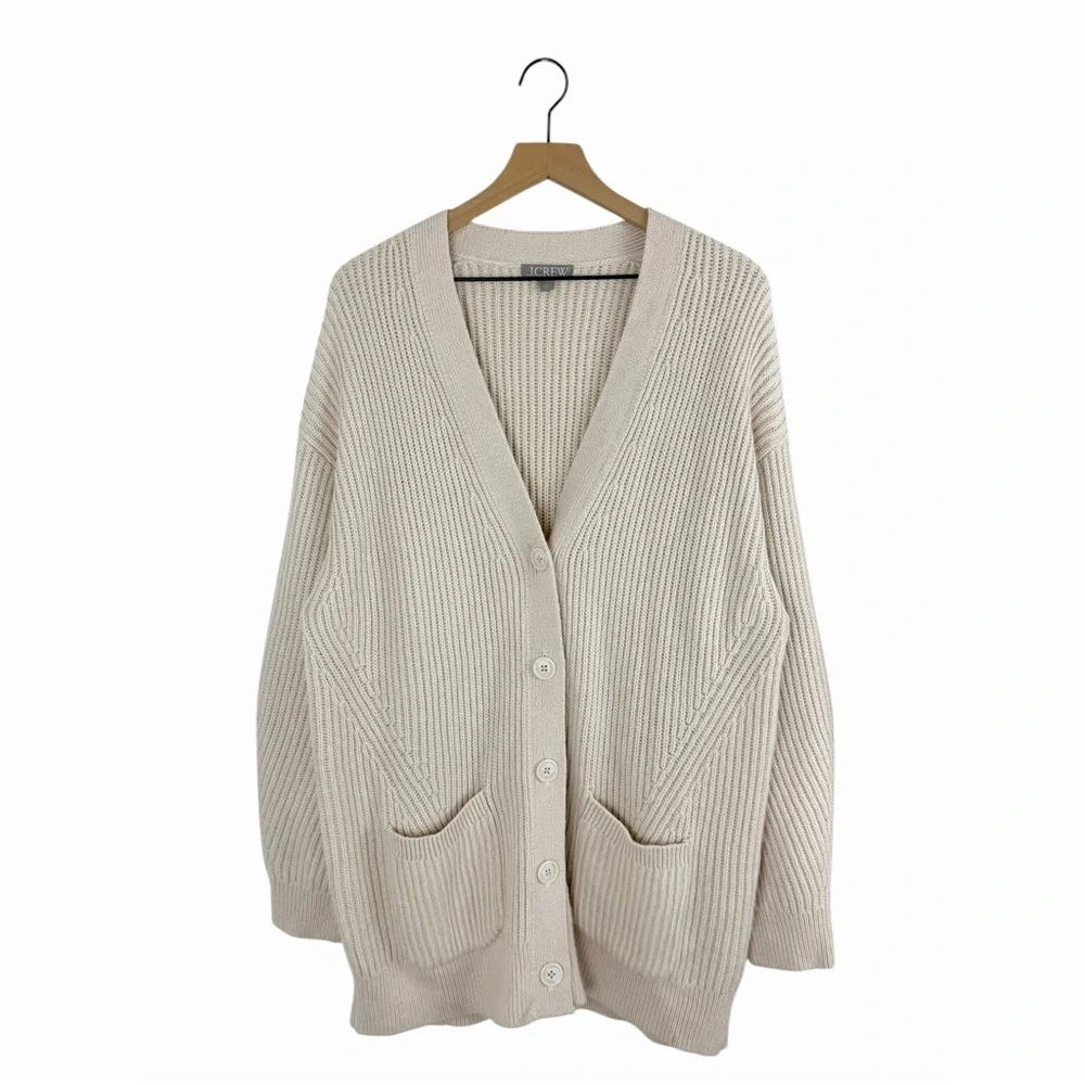 J. Crew Ribbed V-Neck Cardigan Sweater Beige Size Large Oversized Fit